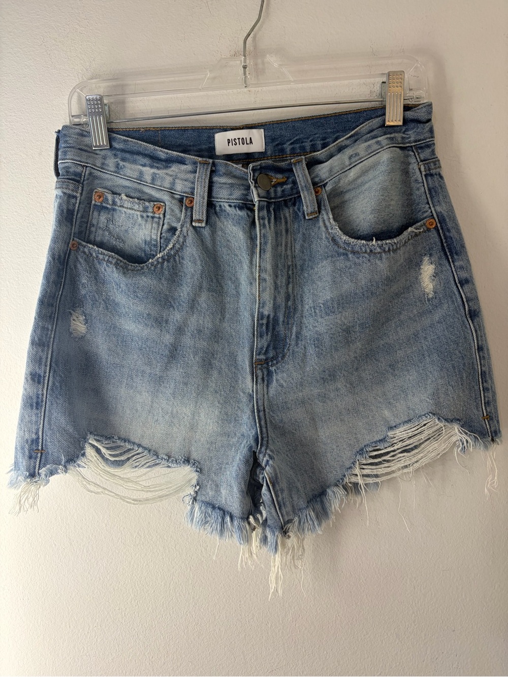 Pistola Nova Light Blue High Rise Distressed Denim Shorts - Women's
